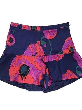 Trina Turk Navy Floral Ruffle Shorts with Pink & Red Blooms
